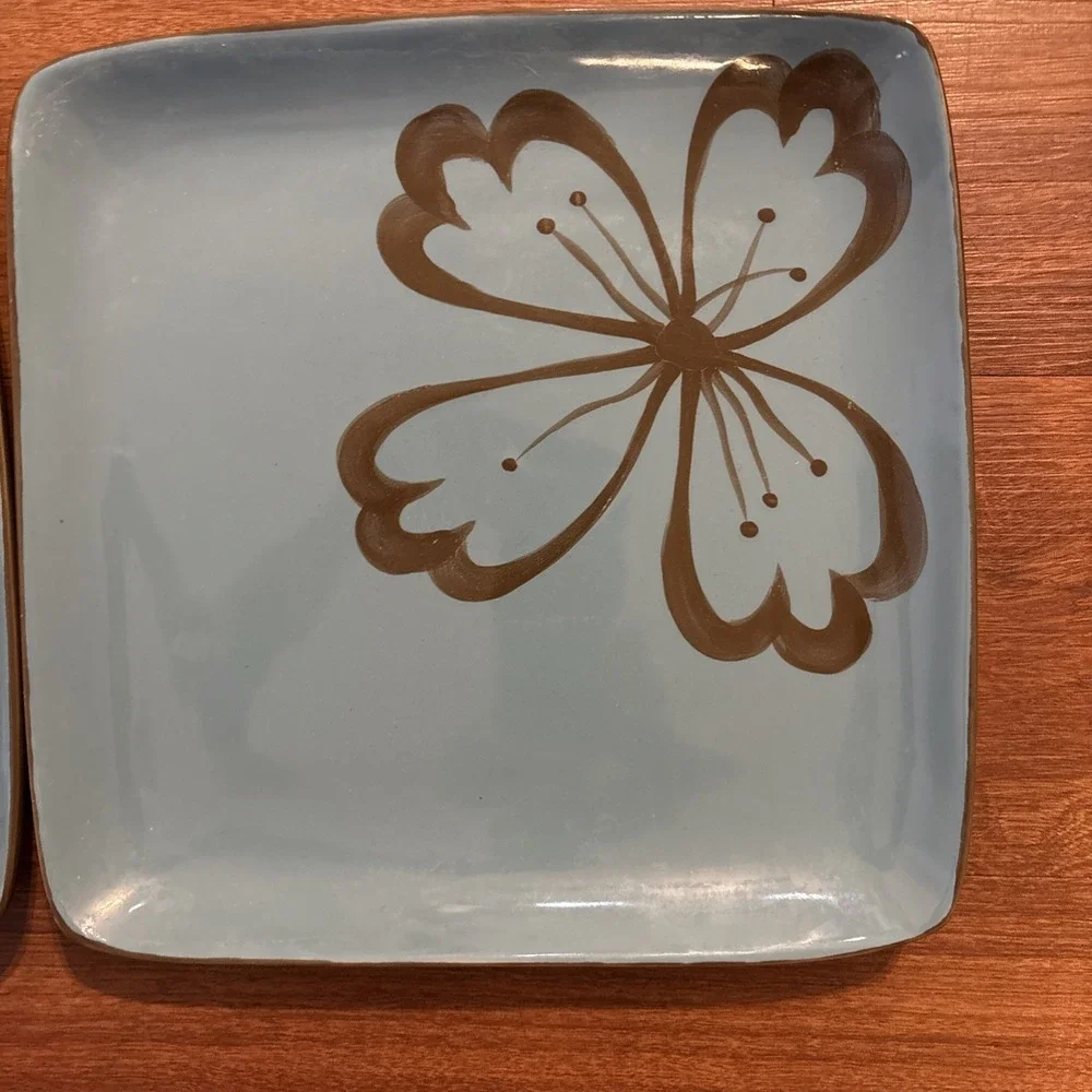 Pier 1‎ Hibiscus Square Stoneware Plates Set of 3 Blue Brown Floral